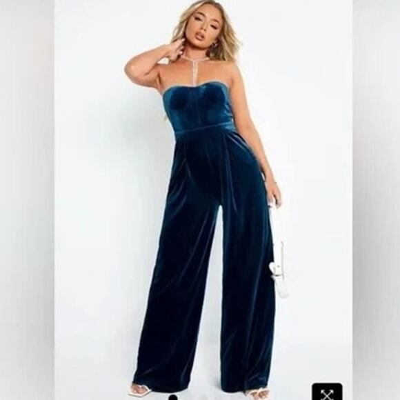 Solado Women's Blue Off Shoulder Strapless Velvet Cinched Waist Jumpsuit Size S - Picture 1 of 9